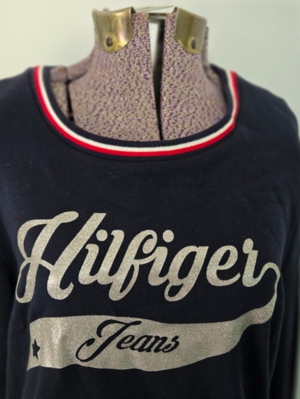 Tommy Hilfiger Knit Shirt Dress Glitter Logo Spell Out Long Sleeve SZ Large - Picture 3 of 6
